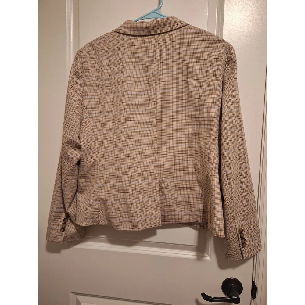Ann Taylor Womens 16P Petite Plaid Blazer Tan Blue Single Button Workwear Jacket